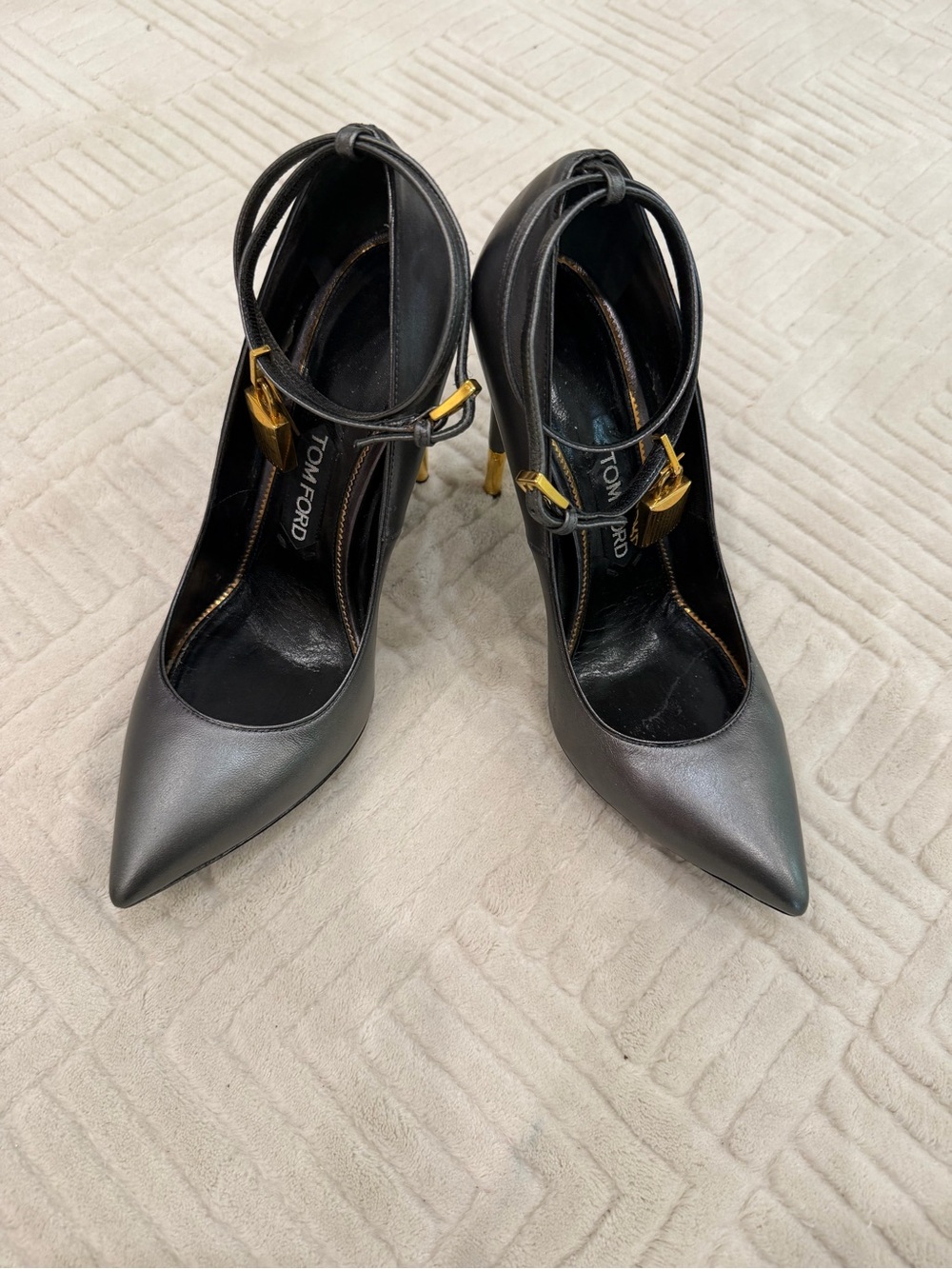 Tom Ford Iridescent Black Pointed-Toe Ankle-Strap Pumps - Picture 2 of 4